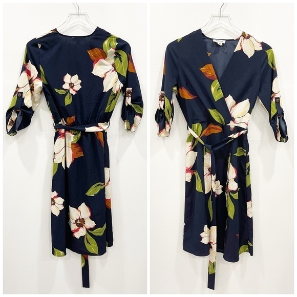 Monteau Faux Wrap Button Front Floral Dress Navy S - Picture 1 of 6
